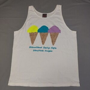 Vintage 90s Oneita Power-T Tank Top Wheatland Dairy Cafe Ice Cream White Large